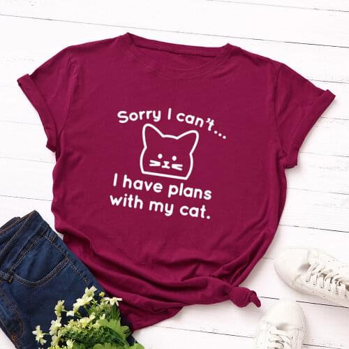 Women Short Sleeve Cotton T-Shirts Graphic Tees Summer Tee Tops for Female Casual Oversized Clothes I Have Plans with My Cat