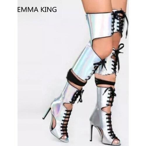 2019 Runway New Womens Summer Over The Knee Boots Cut-Out Peep Toe Stiletto High Heels Shoes Woman Corr-Tied Gladiator Sandals