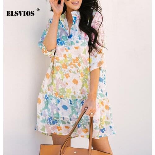 New Women 2021 Fall Summer Dress Casual Printed Ruffle Mini Dress Elegant Ladies V Neck Half Sleeve Loose Party Dresses Vestidos