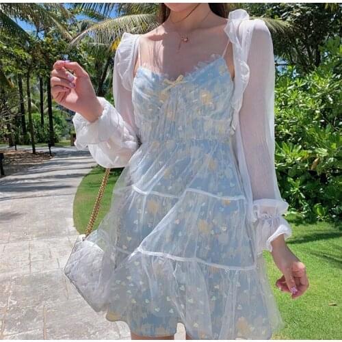 Summer WomenS Korean Sexy Dress Sleeveless Spaghetti Belt Beach Skirt Printed Sweet Chiffon Elegant A-Line Skirt Banquet Dress
