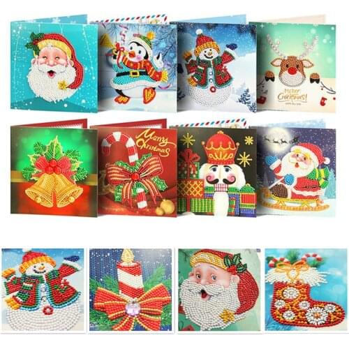 8Packs Christmas Card DIY Diamond Painting Rhinestone New Year Greeting Card Arts Round Drill Crystals Christmas Gifts Kits