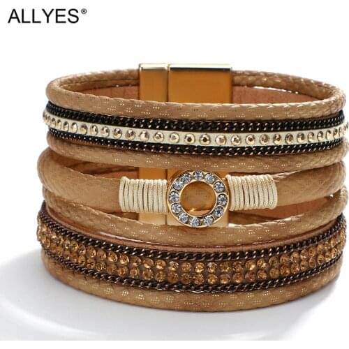 ALLYES Khaki Rhinestone Rivet Leather Bracelets for Women Multilayer Wide Wrap Bracelet Unisex Ethnic Casual Jewelry