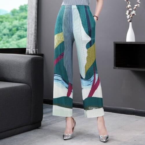 Plus Size Miyak Wide-Leg Pants Vintage Print Women Elastic High Waist Pocket Pleated Casual Loose Trousers Female Elegant Pant