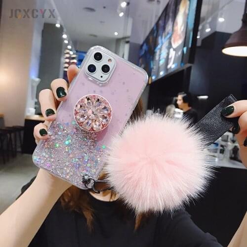 3D Diamond Holder stand Glitter Hairball soft phone case for iphone 12 Pro X XR XS 11 Pro Max 6 7 8 plus for samsung S8 S9 S10
