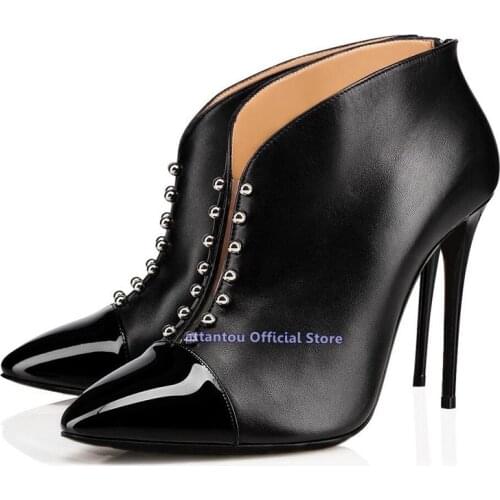 Black Leather Pinted Toe PVC Thin High Heel Rivets Short Boots Woman Spring Autumn Heeled Deep V Ankle Boots plus size 46