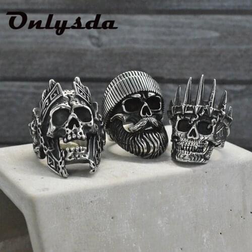 Gothic Vintage 316L Stainless Steel Cool Locomotive Old Man Skull Mens Ring Punk Rock Bearded High Quality Jewelry Gift For Man