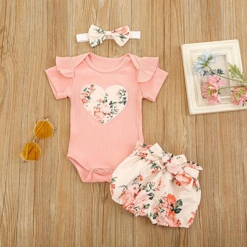 Baby Girls Clothes Set 2021 New Newborn Infant Short Sleeve Heart Ruffles Romper Tops Floral Bownot Shorts Headbnads Outfits