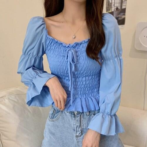 Summer Womens Solid Color Sexy Sweet T-Shirt Square Collar Exposed Navel Long Puff Sleeve Ruffle Top