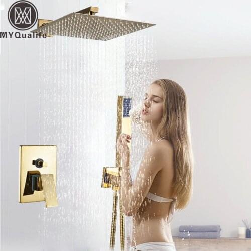 Luxury Golden Shower Faucet Set Single Handle Rainfall Shower Head Brass Bath Shower Mixers In Wall Bathroom Hot Cold Tap