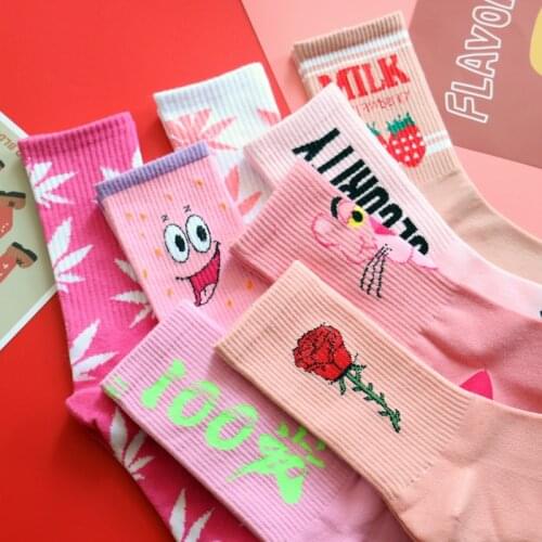 Adult Crew Calf Socks Harajuku Rose Kawaii Woman Cotton Strawberry Flower Funny Pink 100 Maple Leaves Creative Fashion Casual