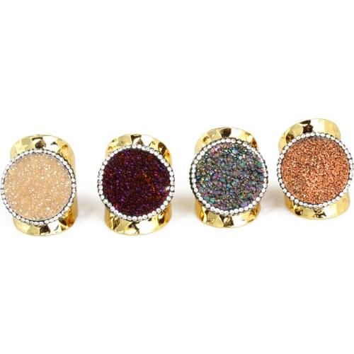 New Design Natural Druzy Quartz Name Stone Metal Rings Bridal Sets Rainbow Crystal Bezel Rhinestone Gold Rings Women