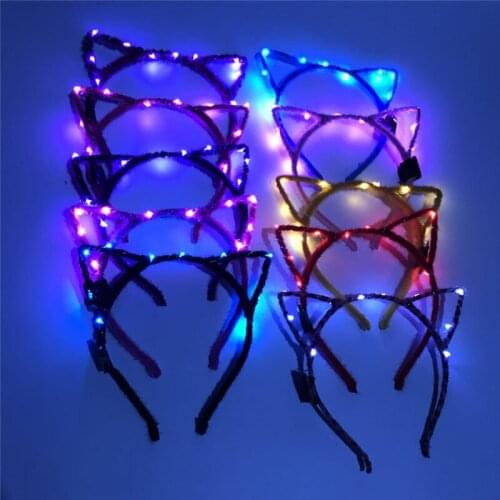 Women Girls LED Flashing Cute Cat Fox Ears Hair Hoop Glowing String Lights Plush Cloth Wrapped Headband Party Supplies Christmas