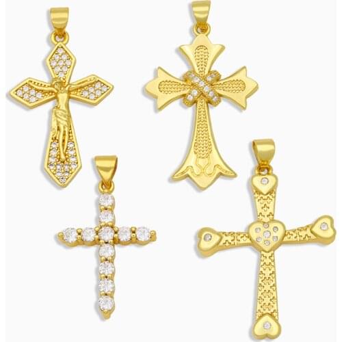OCESRIO DIY Gold Big Cross Pendant with CZ Stone Jesus Necklace Pendant Supplies for Spiritual Jewelry Making Bulk pdta189