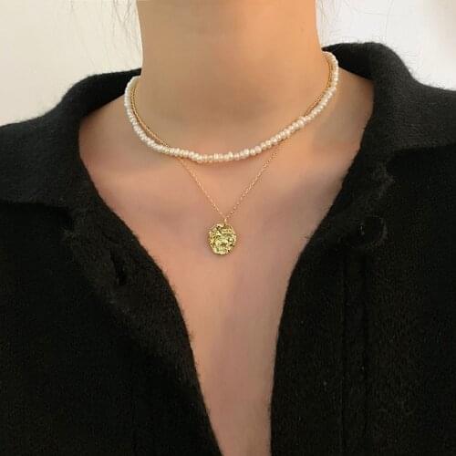 French Baroque Freshwater Pearl Necklaces Double Layered Pendant Linked Chain Chokers Necklace for Women Minimalist Jewelry Gift