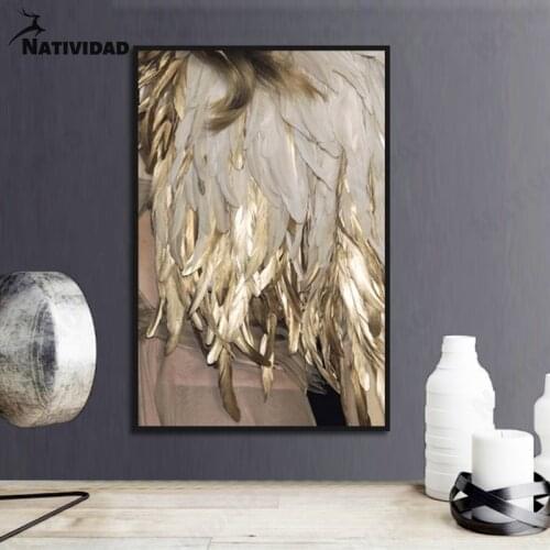 Gilt Golden Feather Art Canvas Painting Beautiful Wings Art Print Poster Bedroom Living Room Home Art Decoration Wall Stickers