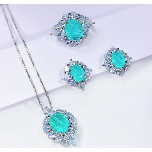 Luxury Paraiba Tourmaline Gemstone Earrings/Ring/Necklace Wedding Engagement Fine Jewelry Set Gift For Women Mothers Day Gift