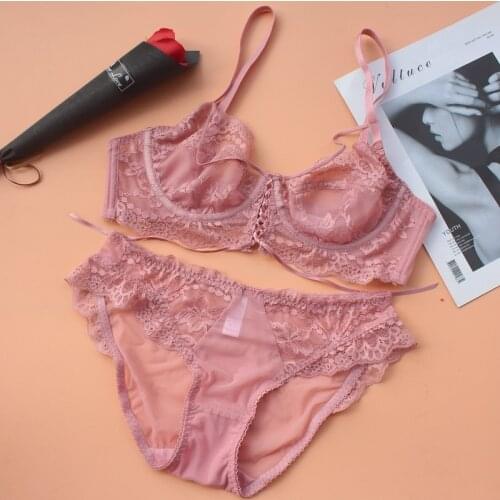 Ultra-thin underwear feminine sense ribbon big breasts women lingerie with panties set semi-perspective plus size bra underwear