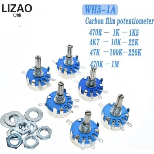 WH5-1A Carbon Potentiometer 1K 2K 10K 47K 4K7 470R 100K 470K 220K 1K5 22K 1M ohm 3-Terminals Round Shaft Rotary Taper WH5