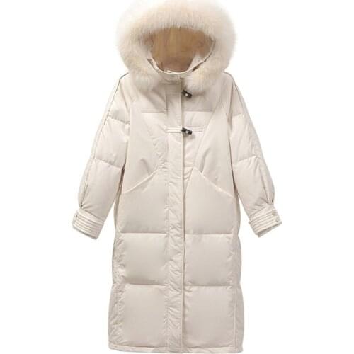 2021 Winter Long Jacket For Women White Duck Down Female Big Fur Collar Hooded Thicken Warm Windproof Overcoat