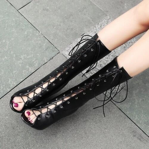 YMECHIC 2018 High Gladiator Summer Boots Sandals Women Black Red Peep Toe Cross Tied High Heel Sandal Lady Shoes Large Size 45