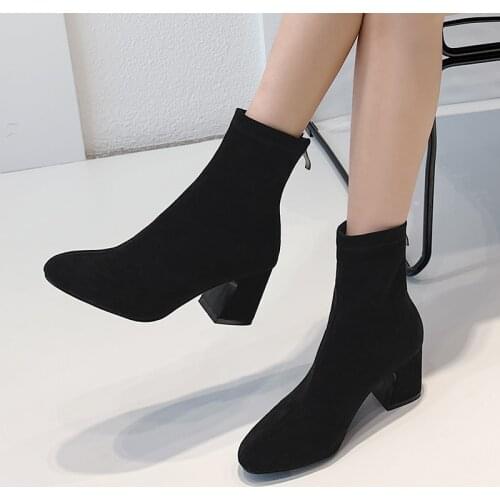 Boots Women Flock Ankle Boots 6.5cm Height Square Heels Female Chelsea Boots AJ631