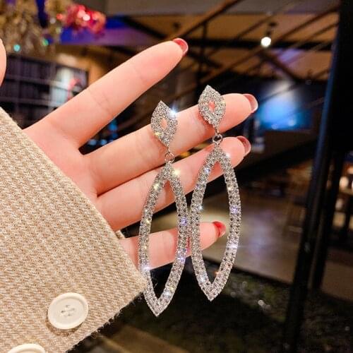Crystal Diamante Rhinestone Long Tassel Earrings Oval Shape Dangle Big Earrings for Women Wedding Bridal Earrings