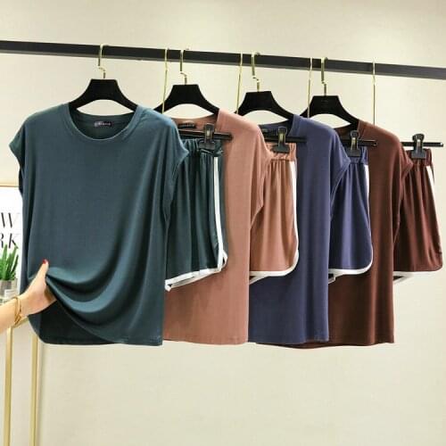 Womens Modal Cotton Housewear Suit Womens Summer Thin Korean Short Sleeve Shorts Casual Two Piece Pajamas