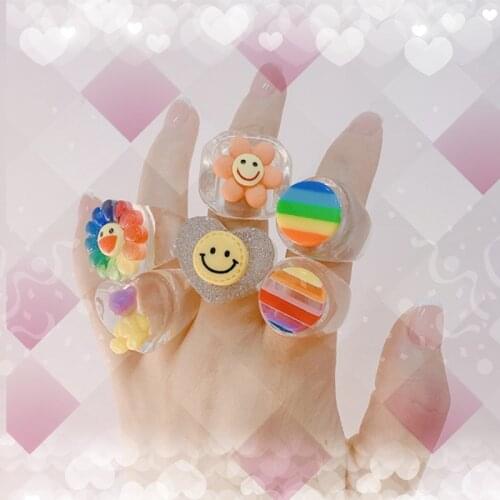 Vintage Heart Y2k Rings for Women Rainbow Sun Flower Smile Rings Resin 90s Jewelry Sets Harajuku Accessories Fashion Aesthetic