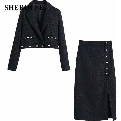 SHEROUSE Two piece set Women suits Cropped Blazer High Fashion Midi Skirt Elegant Chic Lady 2 piece set Woman blazer set