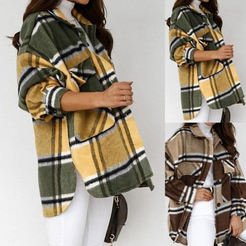 Women Turn Down Collar Long Sleeve Pockets Single-breasted Plaid Jacket Coat New 2021