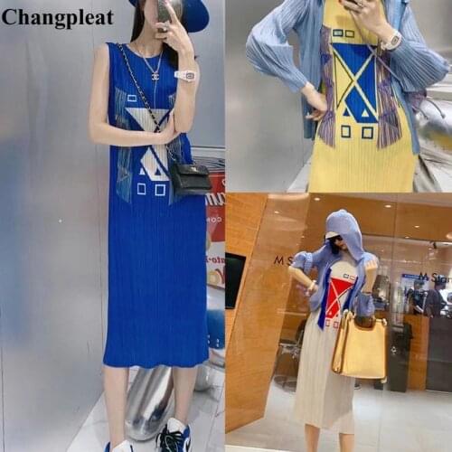 Changpleat summer 2021 Miyak Pleated Women Dresses Fashion Tassel stitching Printed O-neck sleeveless Slim Elastic Dress Tide