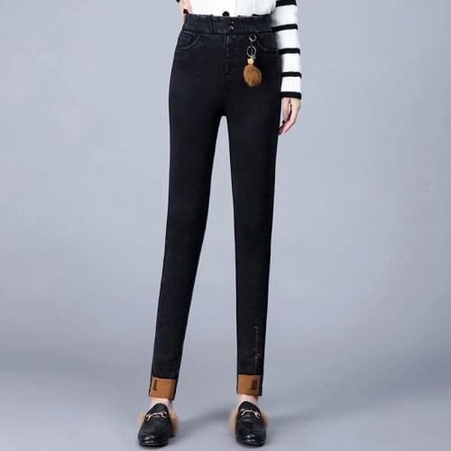 Winter Thick Women Warm Skinny Jeans Simple Stretch Plus Wool Fleece Female High Waist Denim Pencil Pants Large Size Trousers