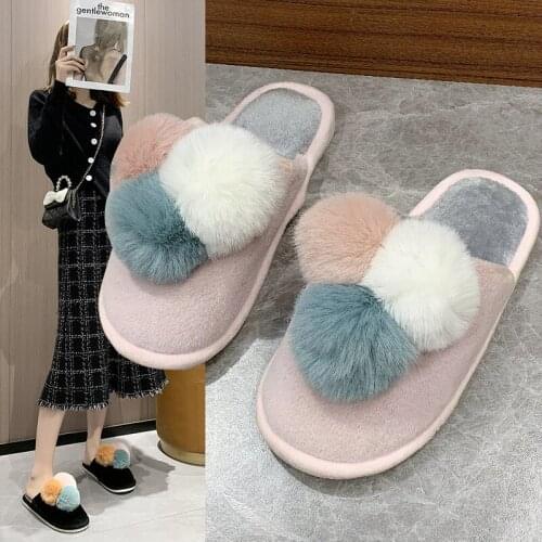 Winter Rubber Female Pink Plush Round Toe Slippers Couple Viscose Shoes Cotton Slippers