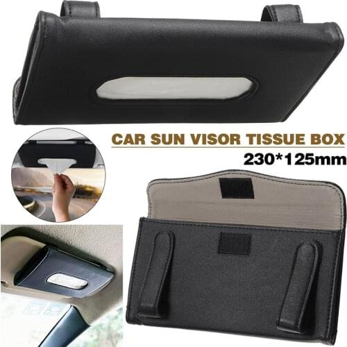 1pc Black PU leather Car Sun Visor Interior Tissue Box Paper Towel Case Napkin Clip Holder 230x125mm For Auto SUV Truck