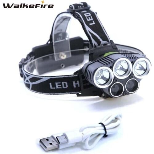 15000 lumens 5 led USB headlamp 3*XML T6+2*Q5 headlight led head lamp camp hike torch flashlight with usb cable charger