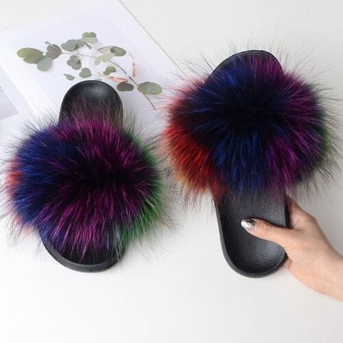2020 Womens Fur Fluffy Flat Slippers Ladies Indoor Slides Furry Plush Fox Sandals Female Casual Fashion Large Size Flip-Flops