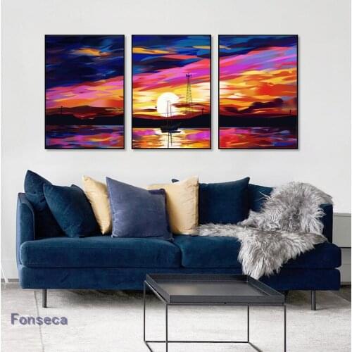 3 Pieces Sunset Clouds Landscape Canvas Painting Natural Sea Beach Sailboat Poster Abstract Wall Art Pictures Nordic Home Decor