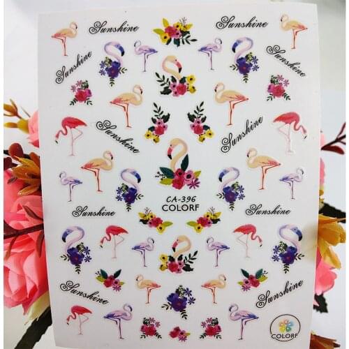 Watercolor Flamingo Flowers 3D Nail Sticker Self-adhesive Design Nail Art Decoraciones Foil Decals Manicure Accessories on Nails