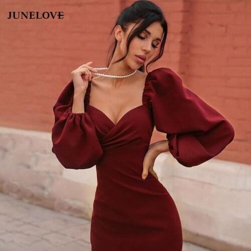 JuneLove Women 2020 spring Elegant V Neck Party Dress Vintage Puff Sleeve Bodycon Dress Sexy Club Midi Dress Retro Vestidos