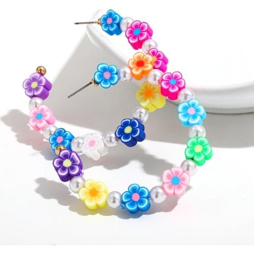Bohemian Colorful Flower Polymer Clay Beaded Round Circle Earrings for Women Charm Pearl Beads Statement Drop Earrings Jewelry