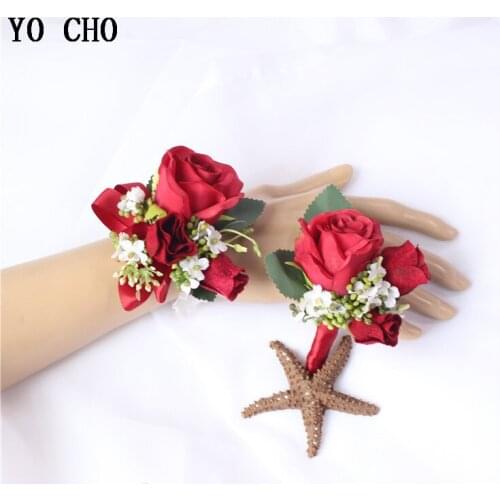 YO CHO Boutonniere Pins Wedding Wrist Corsage Bracelet Buttonhole Groom Boutonniere for Prom Wedding Witness Corsage Accessories