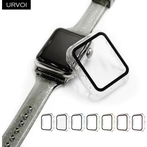 URVOI Full cover for Apple Watch series 6 SE 5 4 32 shiny Plastic bumper hard frame flash glass film for iWatch screen protector