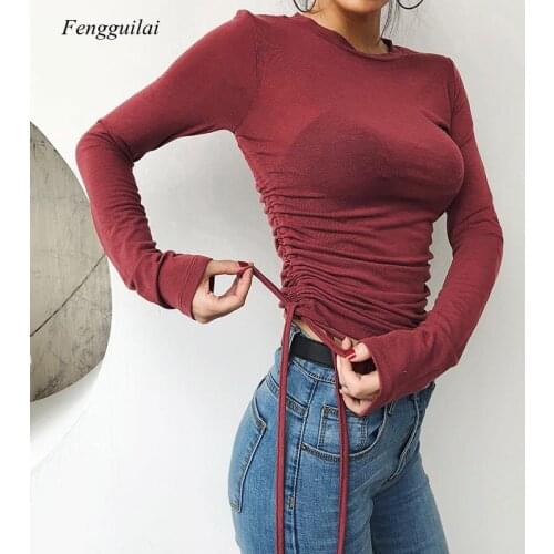 Design Side Bandage Slim Fit Elastic Thin High Waist Long Sleeve Bottom Shirt Womens Short Open Navel Top