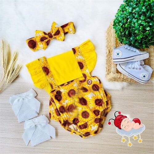 Newborn Baby Girl Clothes Sunflowers Printed Ruffle Romper Jumpsuit Headband 2Pcs Summer Sleeveless Outfits Sunsuit