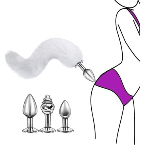 Faux Fur Plush Long Animal Tail with 3pcs Detachable Metal Butt Plug Masturbator Adult Roleplay Game BDSM Erotic Sex Toy