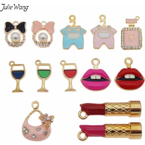 Julie Wang 10pcs Lipstic shape Zinc Alloy Enamel Mixed Shape Charm Randomly Women Necklace Pendant Charm Bracelet Jewelry Making