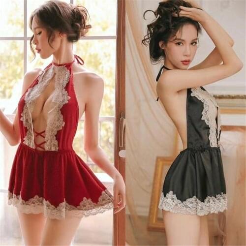 New Sexy Women Lingerie Set Backless Lace Floral Sling Halter Collect Waist Ruffles Dress Silk Smooth Nightwear Erotic Underwear