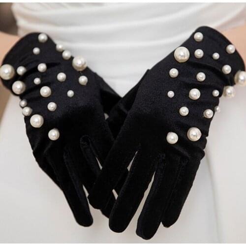 Korean Wedding Dress Photography Short Black Golden Velvet Pearl Gloves Women Winter Full Finger Cycling Driving Warm Mitten M90