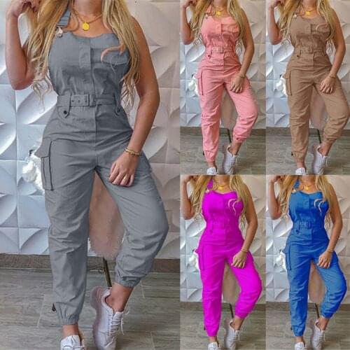 Summer Ladies Fashion Tooling Jumpsuit Belt Sleeveless Bib Overalls Shoulder Strap Trousers