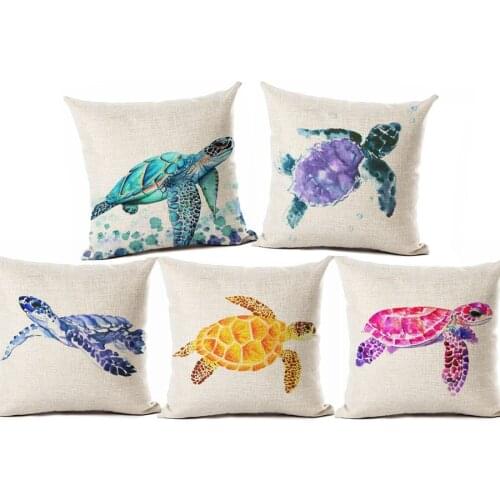 Watercolor Painting Ocean Cushion Cover Mediterranean Blue Sea Turtle Printed Linen Decorative Pillows Case Office Sofa Chiar
